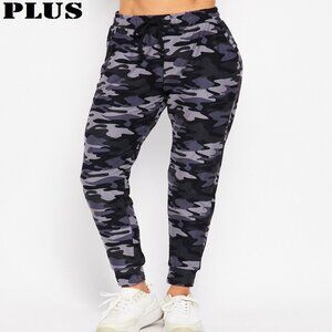 Women's Plus Grey Camo Print Drawstring Joggers Pockets Poly/Spandex 1X-3X